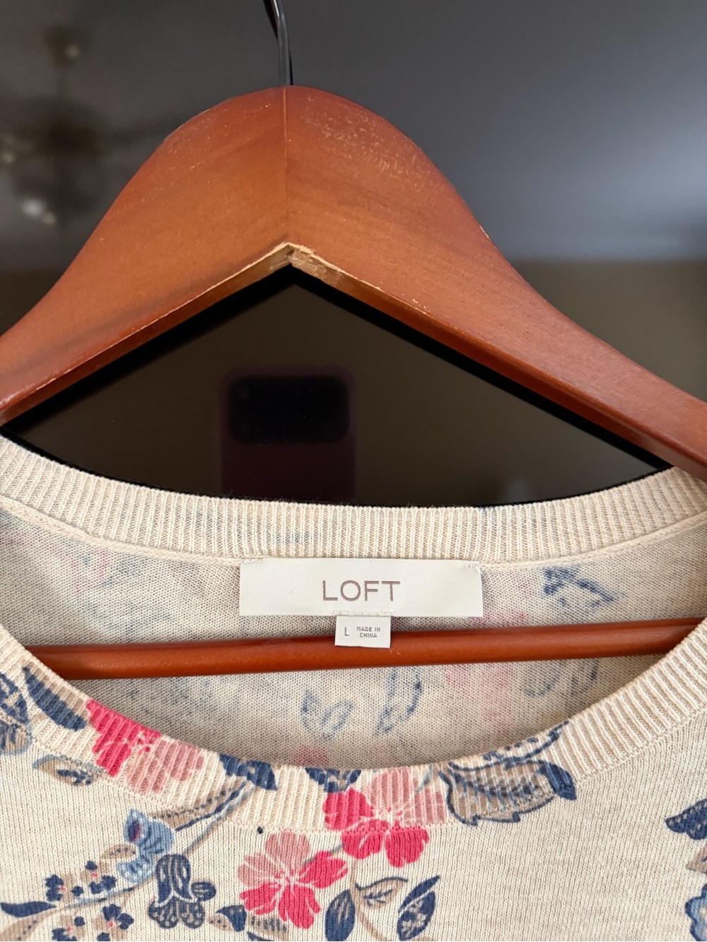 LOFT Floral Crewneck Sweater in Cream with Pink & Blue Print
